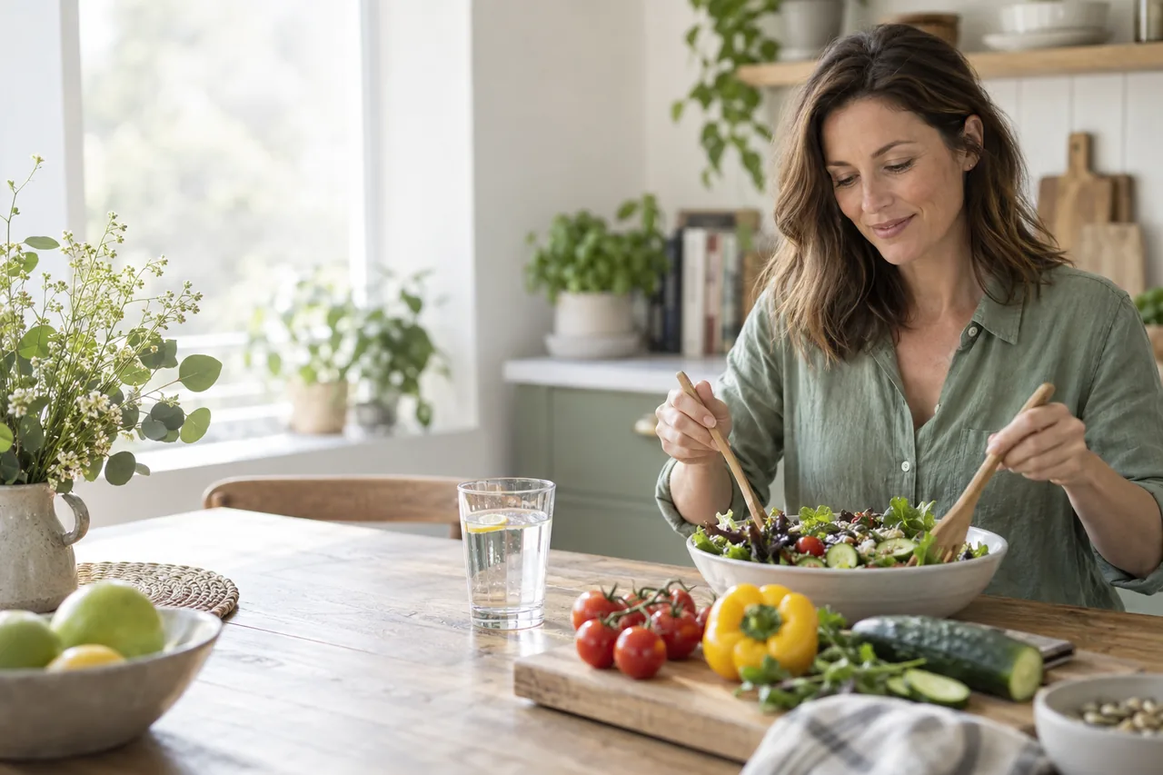 Woman preparing a balanced meal with vegetables and water in a bright kitchen