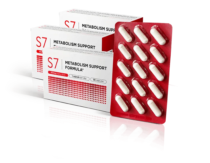 Three S7 Metabolism Support Formula cartons and capsule blister pack